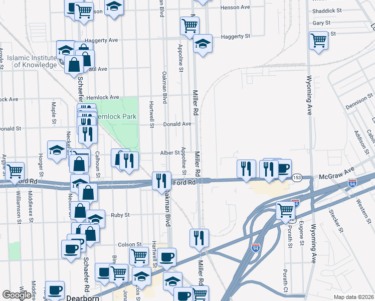 map of restaurants, bars, coffee shops, grocery stores, and more near 5800 Appoline Street in Dearborn