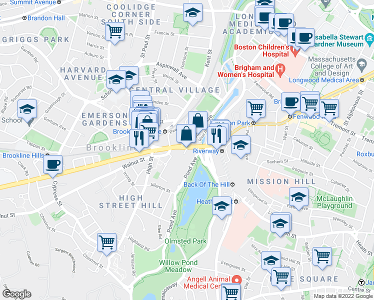 map of restaurants, bars, coffee shops, grocery stores, and more near 25-27 Washington Street in Brookline