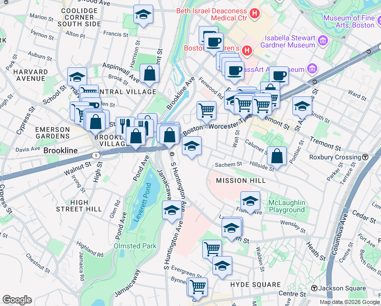 map of restaurants, bars, coffee shops, grocery stores, and more near 3 Parker Hill Terrace in Boston
