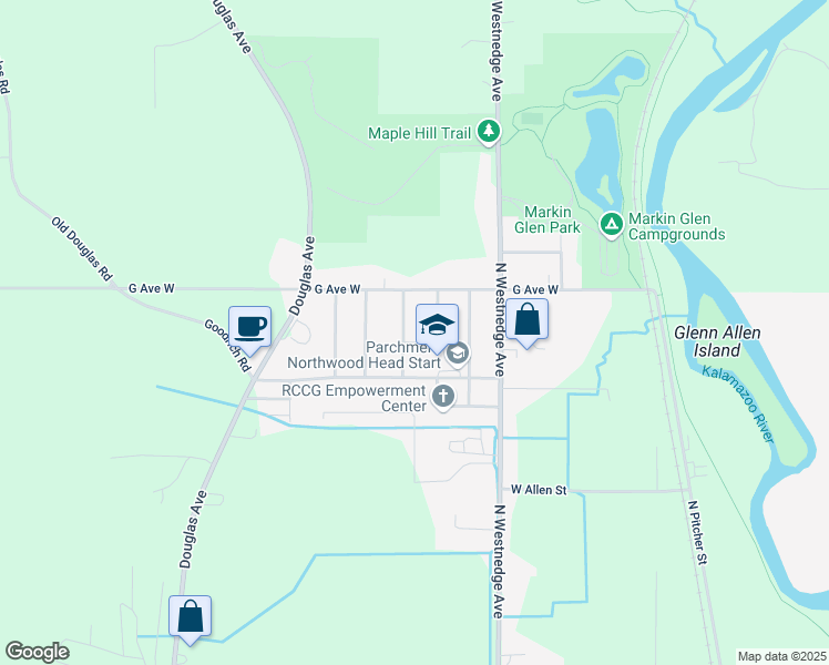 map of restaurants, bars, coffee shops, grocery stores, and more near 4112 Waldorf Street in Kalamazoo