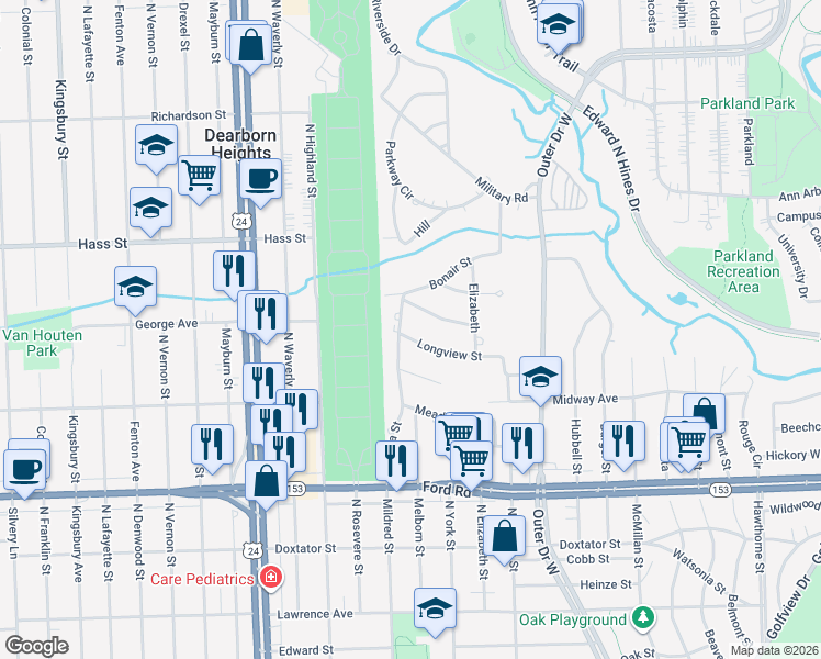map of restaurants, bars, coffee shops, grocery stores, and more near 23450 Longview Street in Dearborn Heights