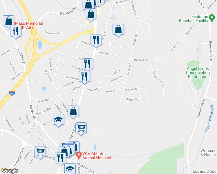map of restaurants, bars, coffee shops, grocery stores, and more near 60A Apthorp Street in Worcester