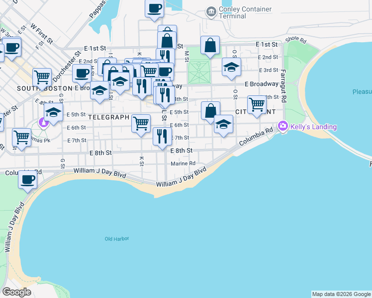 map of restaurants, bars, coffee shops, grocery stores, and more near 681 East 8th Street in Boston