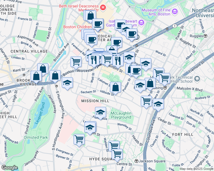 map of restaurants, bars, coffee shops, grocery stores, and more near 5 Oswald Street in Boston