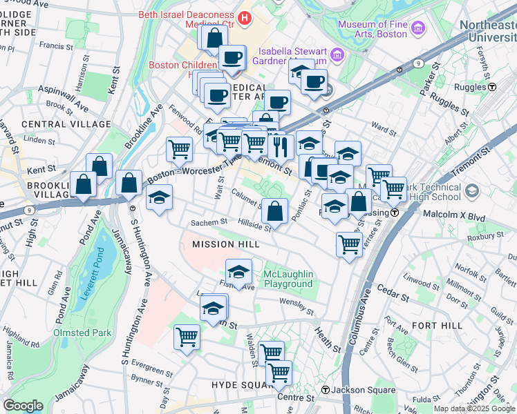 map of restaurants, bars, coffee shops, grocery stores, and more near 5 Oswald Street in Boston