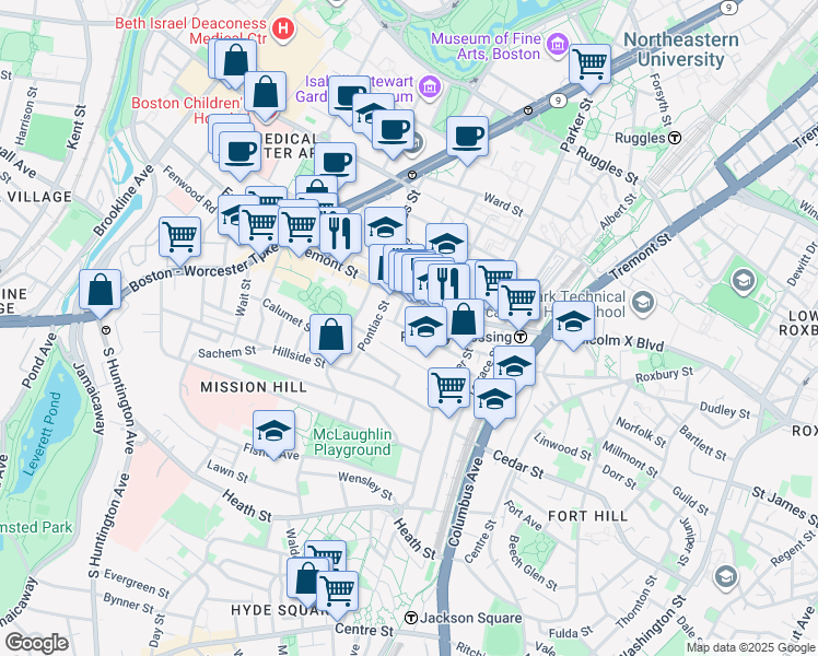 map of restaurants, bars, coffee shops, grocery stores, and more near 19 Burney Street in Boston