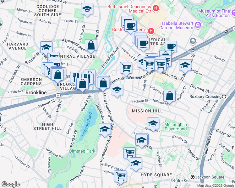 map of restaurants, bars, coffee shops, grocery stores, and more near 1 Parker Hill Terrace in Boston