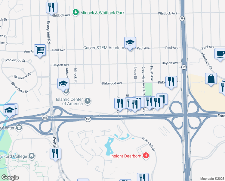 map of restaurants, bars, coffee shops, grocery stores, and more near 5768 Warwick Street in Detroit