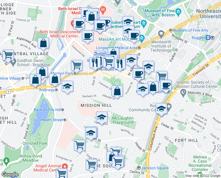 map of restaurants, bars, coffee shops, grocery stores, and more near Calumet St & Oswald St in Boston