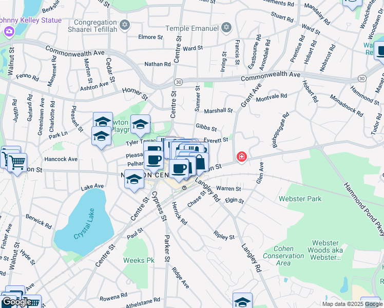 map of restaurants, bars, coffee shops, grocery stores, and more near 190 Sumner Street in Newton