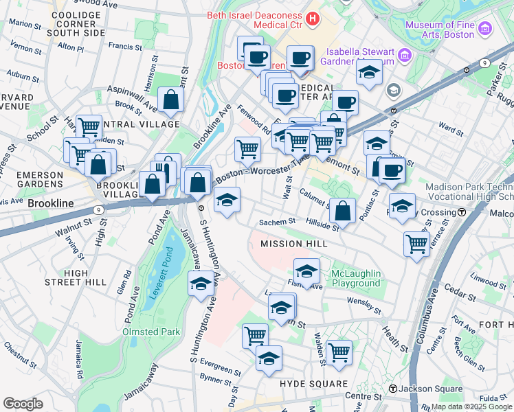 map of restaurants, bars, coffee shops, grocery stores, and more near 6 Sunset Street in Boston