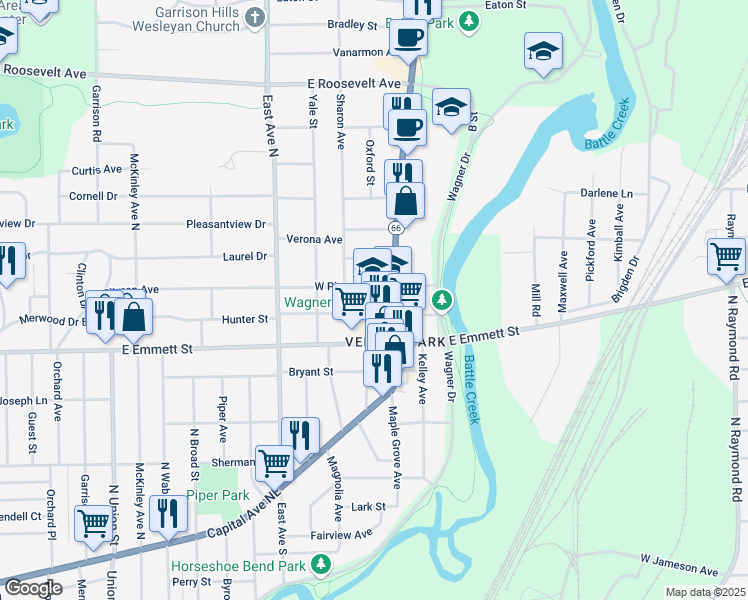 map of restaurants, bars, coffee shops, grocery stores, and more near 825 Capital Avenue Northeast in Battle Creek