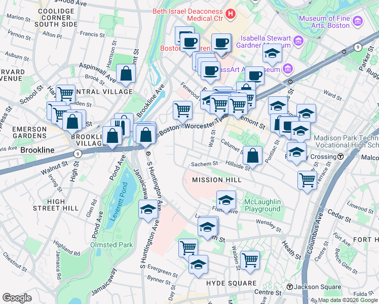 map of restaurants, bars, coffee shops, grocery stores, and more near 6 Sunset Street in Boston
