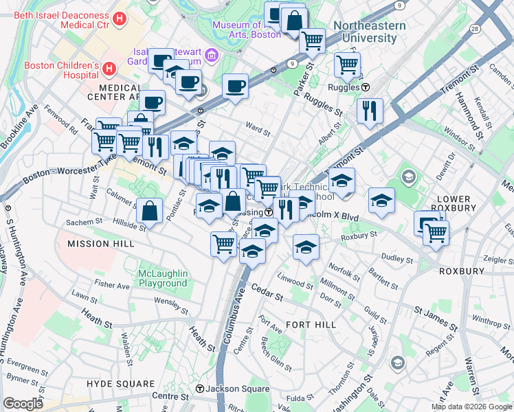 map of restaurants, bars, coffee shops, grocery stores, and more near 1400 Tremont Street in Boston