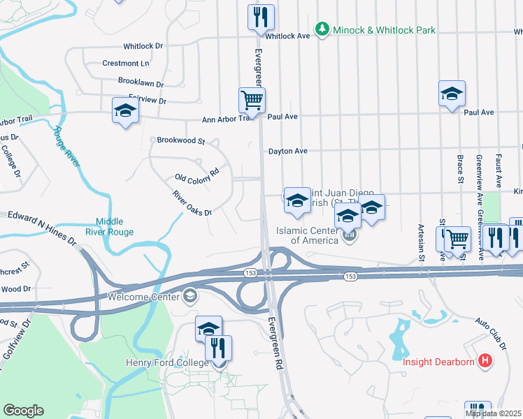 map of restaurants, bars, coffee shops, grocery stores, and more near 5761 Evergreen Road in Dearborn Heights