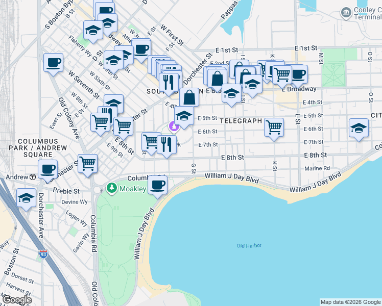 map of restaurants, bars, coffee shops, grocery stores, and more near 412 East 8th Street in Boston