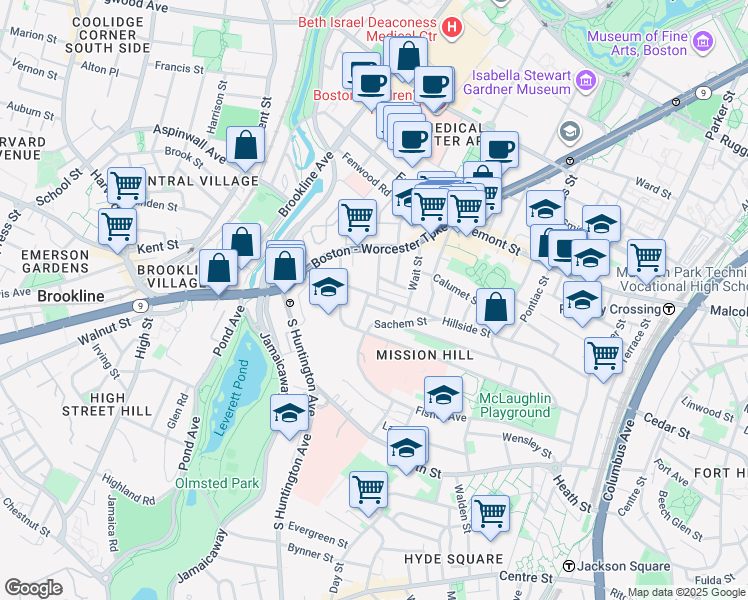 map of restaurants, bars, coffee shops, grocery stores, and more near 180 Hillside Street in Boston