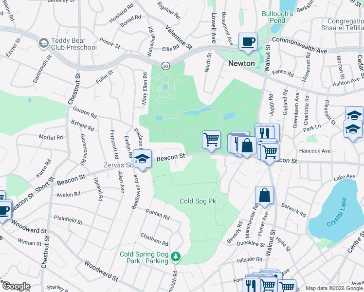 map of restaurants, bars, coffee shops, grocery stores, and more near 11 Warren Road in Newton