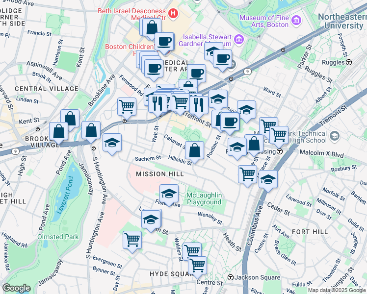 map of restaurants, bars, coffee shops, grocery stores, and more near 82 Calumet Street in Boston