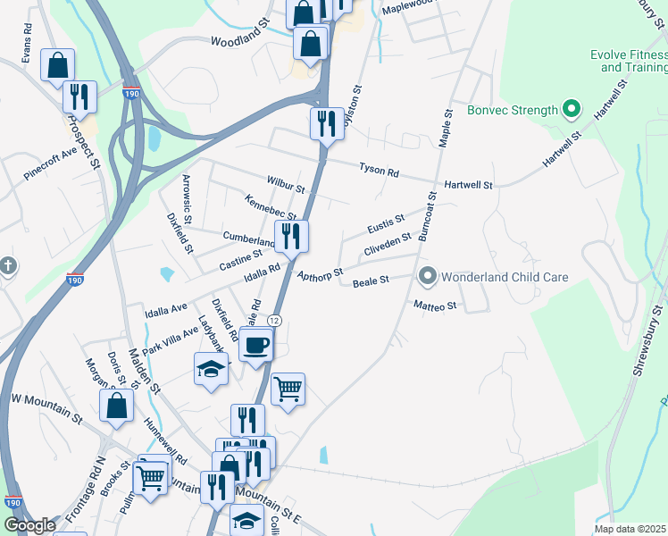 map of restaurants, bars, coffee shops, grocery stores, and more near 19 Darrow Street in Worcester