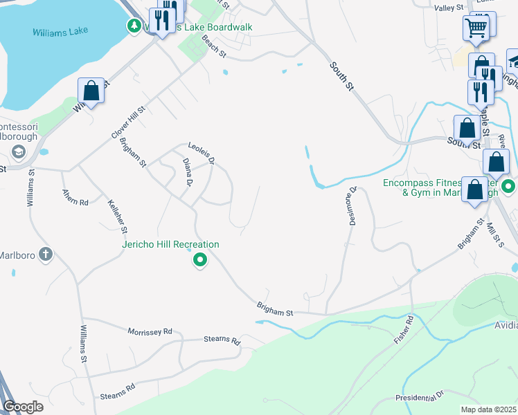 map of restaurants, bars, coffee shops, grocery stores, and more near 143 Bracken Drive in Marlborough