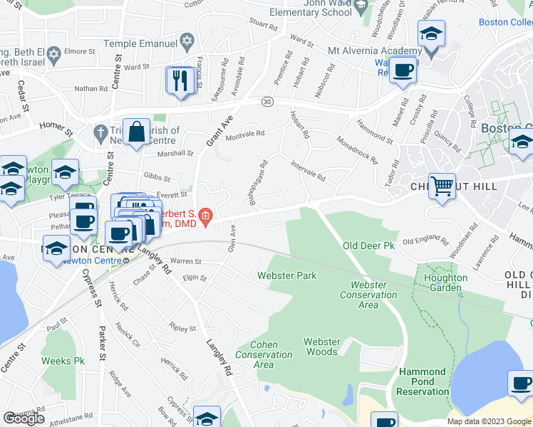 map of restaurants, bars, coffee shops, grocery stores, and more near 582 Beacon Street in Newton