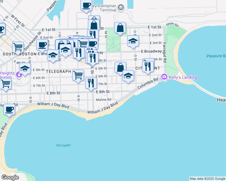 map of restaurants, bars, coffee shops, grocery stores, and more near 1 Hardy Street in Boston