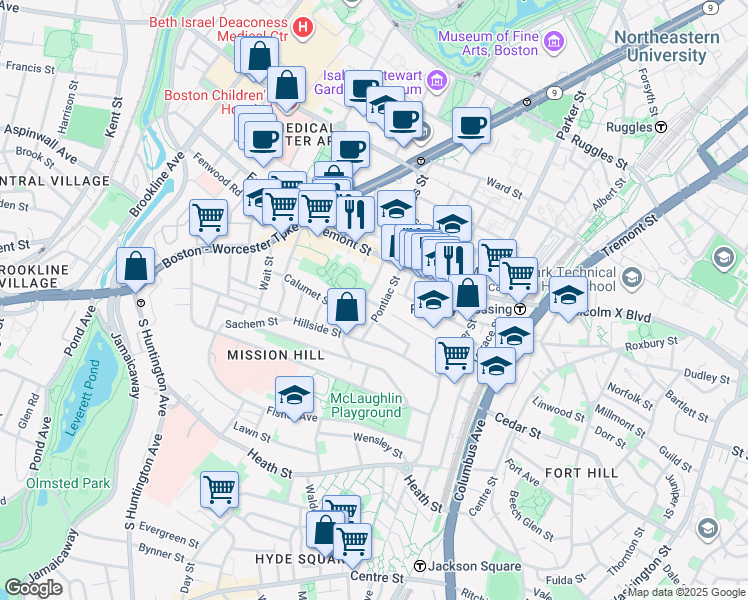 map of restaurants, bars, coffee shops, grocery stores, and more near 40 Pontiac Street in Boston