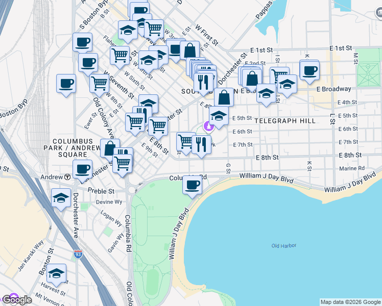 map of restaurants, bars, coffee shops, grocery stores, and more near 99 Old Harbor Street in Boston