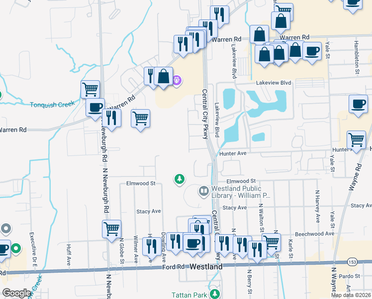 map of restaurants, bars, coffee shops, grocery stores, and more near 6833 Deer Run Court South in Westland