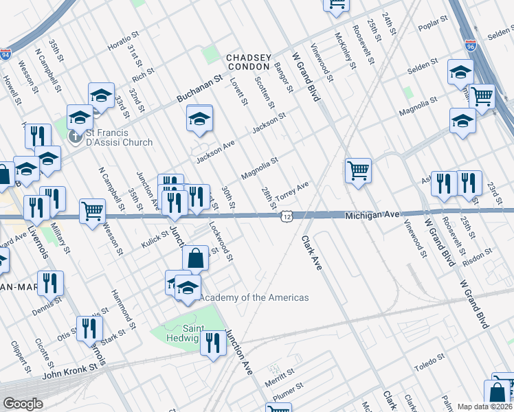 map of restaurants, bars, coffee shops, grocery stores, and more near 3514 29th Street in Detroit