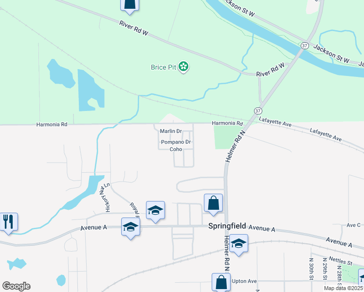 map of restaurants, bars, coffee shops, grocery stores, and more near 1145 Harmonia Road in Springfield
