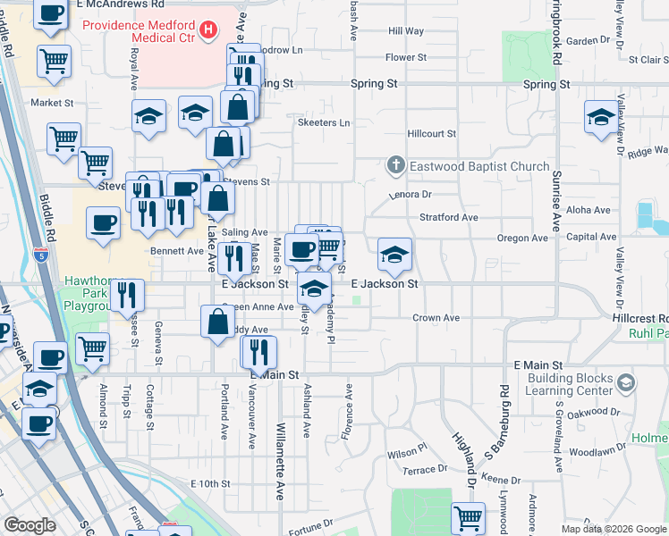 map of restaurants, bars, coffee shops, grocery stores, and more near 1211 East Jackson Street in Medford