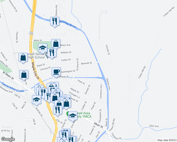 map of restaurants, bars, coffee shops, grocery stores, and more near 87 East Washington Street in Hornell