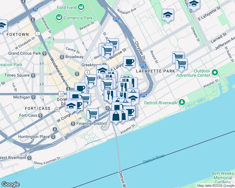 map of restaurants, bars, coffee shops, grocery stores, and more near 510 Larned Street in Detroit