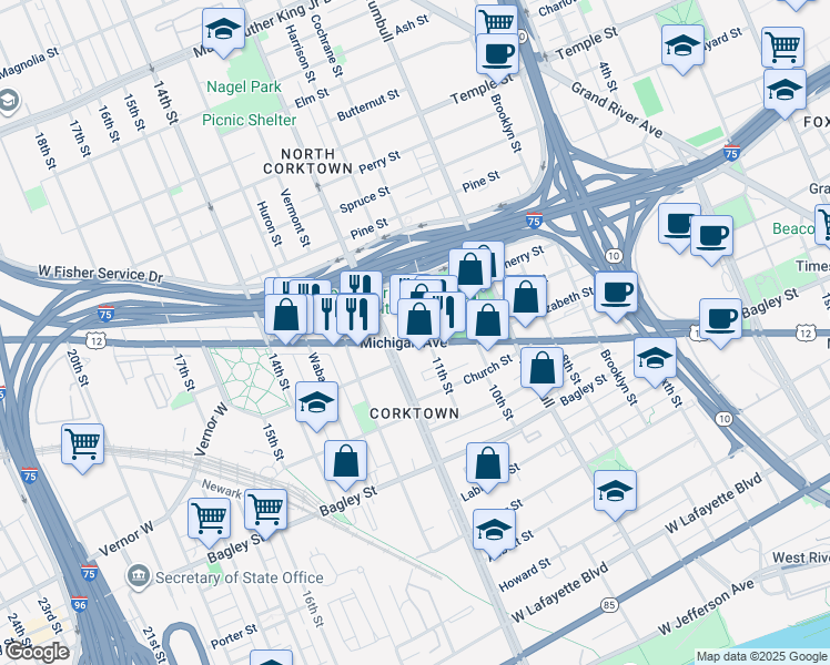 map of restaurants, bars, coffee shops, grocery stores, and more near 2239 Harrison Street in Detroit