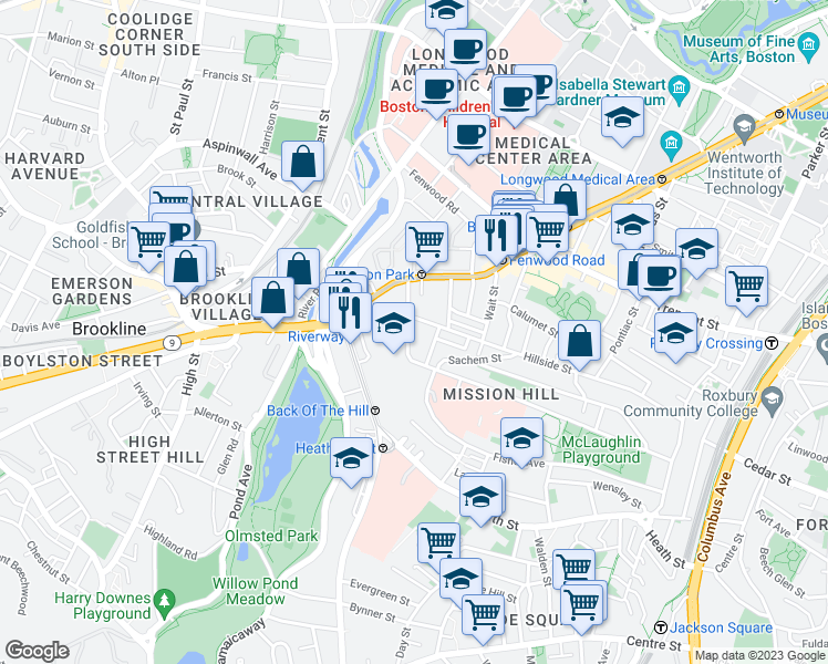 map of restaurants, bars, coffee shops, grocery stores, and more near 40 Parker Hill Avenue in Boston