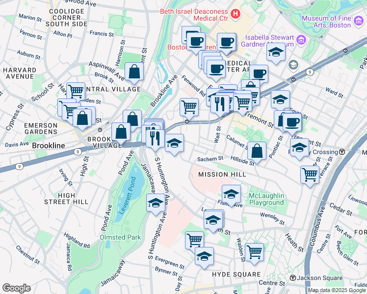 map of restaurants, bars, coffee shops, grocery stores, and more near 40 Parker Hill Avenue in Boston