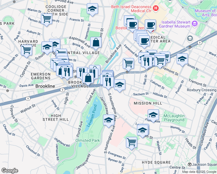 map of restaurants, bars, coffee shops, grocery stores, and more near 14 South Huntington Avenue in Boston