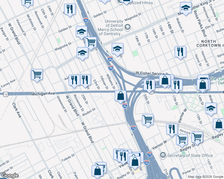 map of restaurants, bars, coffee shops, grocery stores, and more near 3266 Michigan Avenue in Detroit