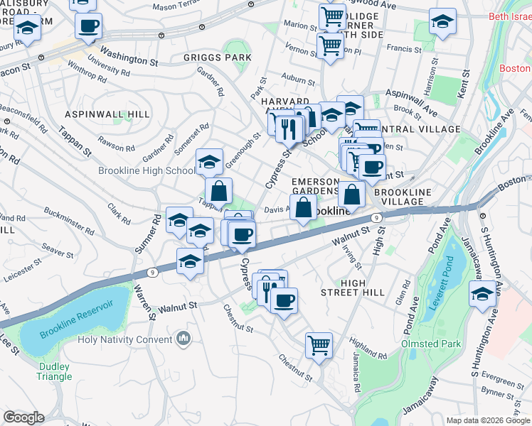 map of restaurants, bars, coffee shops, grocery stores, and more near 102 Cypress Street in Brookline