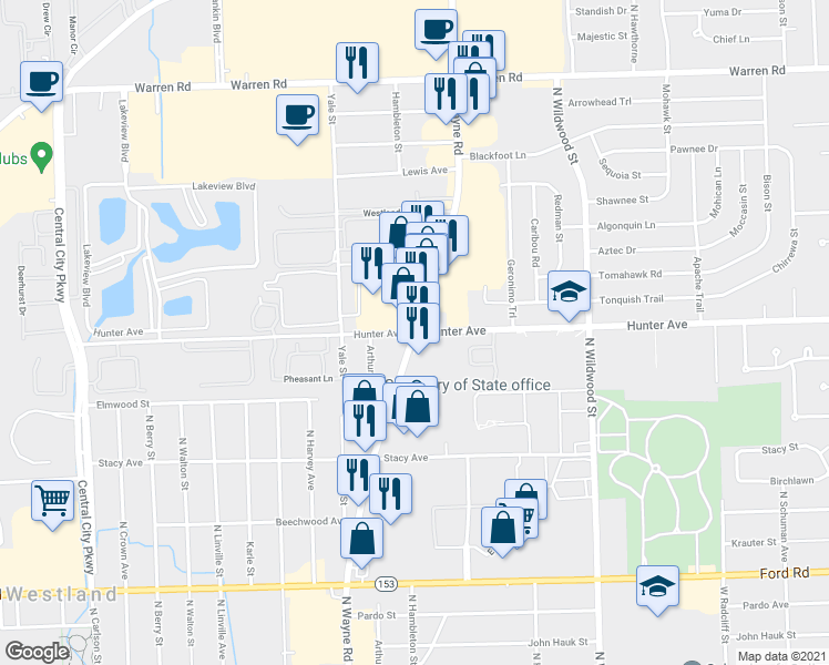 map of restaurants, bars, coffee shops, grocery stores, and more near Wayne Road in Westland