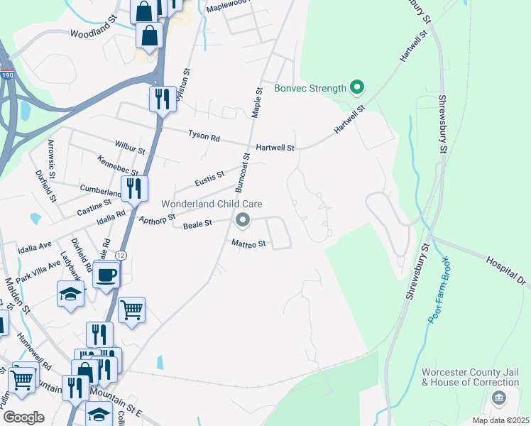map of restaurants, bars, coffee shops, grocery stores, and more near 31 Santoro Road in Worcester