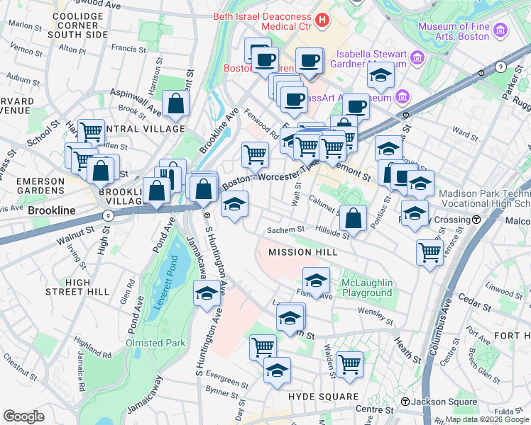 map of restaurants, bars, coffee shops, grocery stores, and more near 11 Sunset Street in Boston