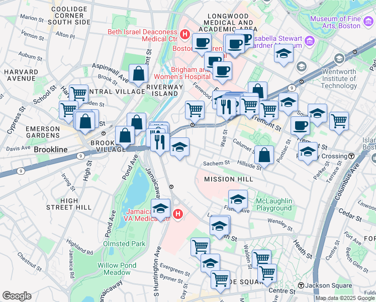 map of restaurants, bars, coffee shops, grocery stores, and more near 40 Parker Hill Avenue in Boston