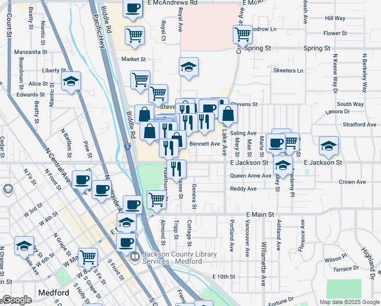 map of restaurants, bars, coffee shops, grocery stores, and more near 313 Howard Street in Medford
