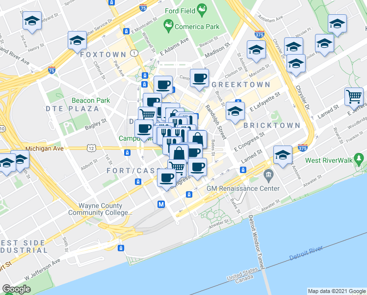 map of restaurants, bars, coffee shops, grocery stores, and more near 14 Michigan Ave in Detroit