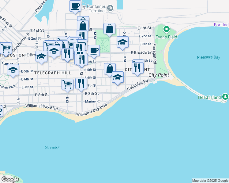 map of restaurants, bars, coffee shops, grocery stores, and more near 202 N Street in Boston