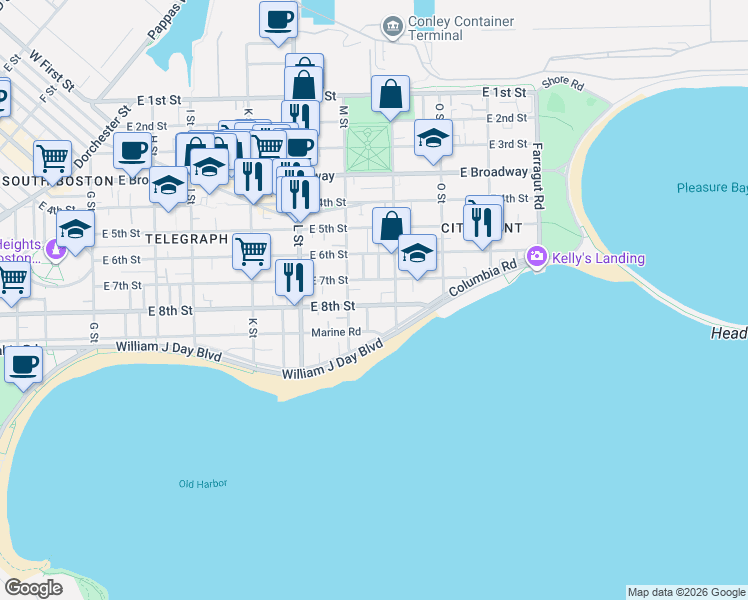 map of restaurants, bars, coffee shops, grocery stores, and more near 1 Hardy Street in Boston
