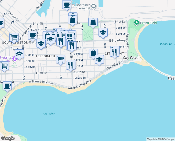 map of restaurants, bars, coffee shops, grocery stores, and more near 1 Hardy Street in Boston